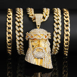 Rhinestone Jesus Head Pendant Necklace with Miami Cuban Chain