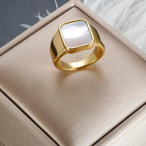 Square Natural Shell Band Ring for Women 18K Plated