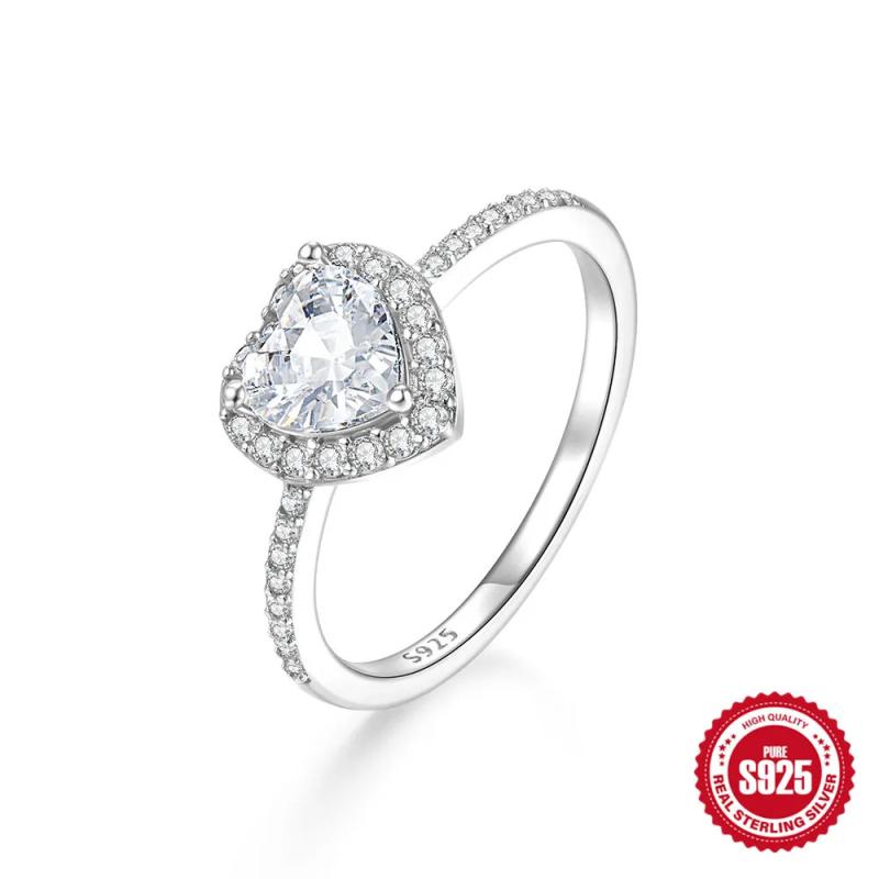 925 Silver Heart Zircon Ring Wedding Engagement Glamorous Decor