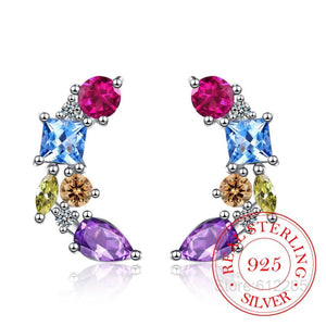 Colorful Crystal Stud Earrings 925 Silver Gift for Her