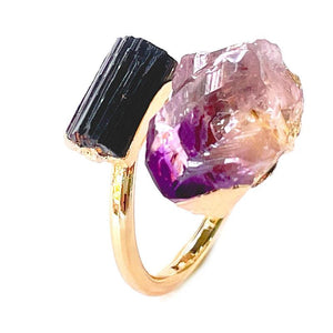 Raw Amethyst Adjustable Ring with Tourmaline