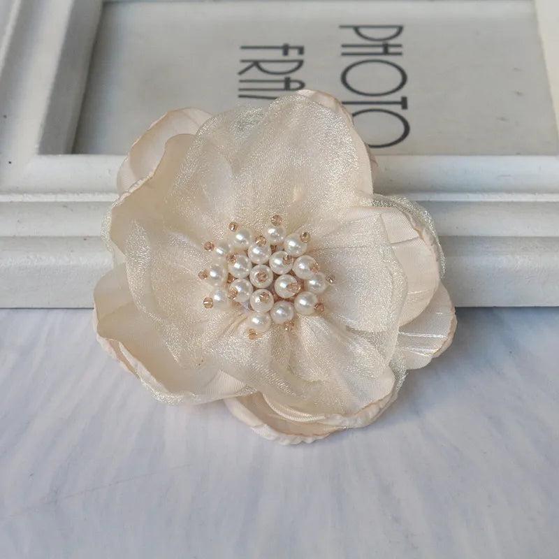 5PCS 7.5CM Chiffon Organza Rose Flower With Beads Center DIY Wedding Skirt