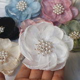 5PCS 7.5CM Chiffon Organza Rose Flower With Beads Center DIY Wedding Skirt