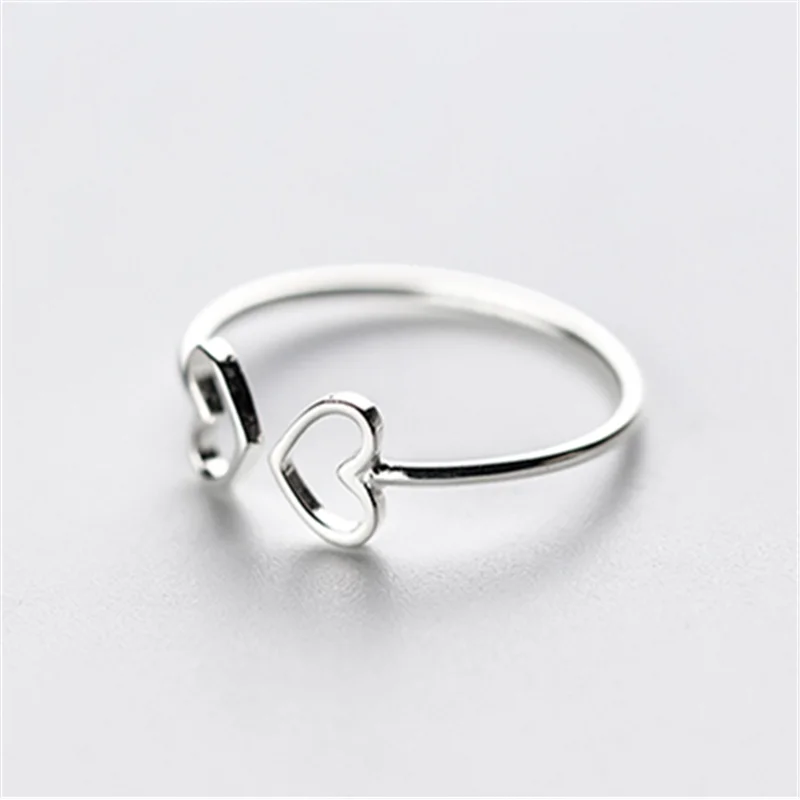 925 Silver Adjustable Hollow Love Heart Rings for Women