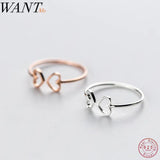 925 Silver Adjustable Hollow Love Heart Rings for Women