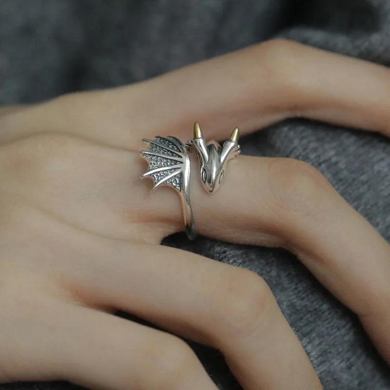 925 Silver Wing Dragon Punk Ring for Women Girl