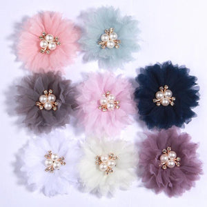 10Pcs 6.5CM Pearl Center DIY Fabric Flowers Hair Accessories Dress Decoration