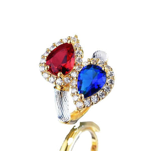Vintage 18K Double Lab Ruby Sapphire Gemstone Resizable Rings Ladies Wedding Par