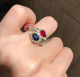 Vintage 18K Double Lab Ruby Sapphire Gemstone Resizable Rings Ladies Wedding Par
