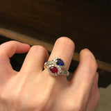 Vintage 18K Double Lab Ruby Sapphire Gemstone Resizable Rings Ladies Wedding Par
