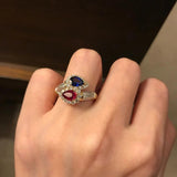 Vintage 18K Double Lab Ruby Sapphire Gemstone Resizable Rings Ladies Wedding Par