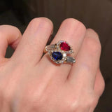 Vintage 18K Double Lab Ruby Sapphire Gemstone Resizable Rings Ladies Wedding Par
