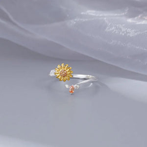 925 Silver Spinning Fidget Rings CZ Sunflower Bee Anxiety Rotating Jewelry