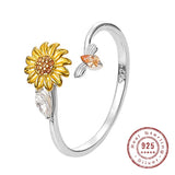 925 Silver Spinning Fidget Rings CZ Sunflower Bee Anxiety Rotating Jewelry