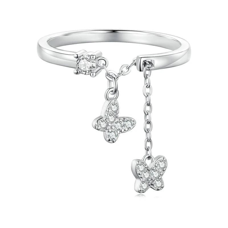 925 Silver Butterfly Open Rings Zircon Adjustable Ring Fine Party Jewelry