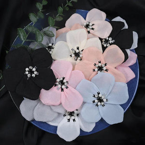 5Pcs Beaded Five Petal Flower Silk Chiffon Fabric Flower