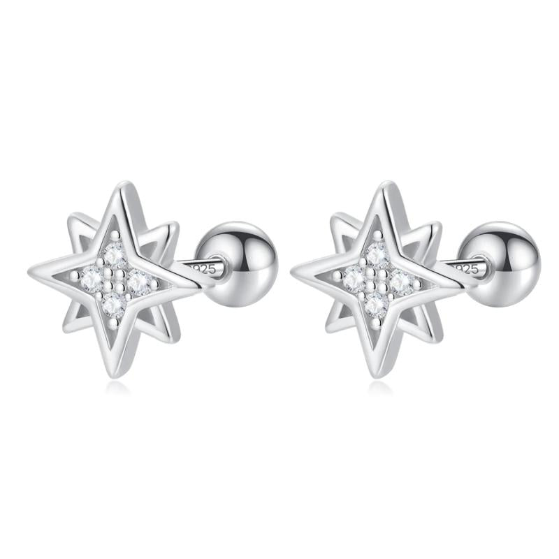 925 Silver Star Zircon Screw Stud Earrings - Wedding Fine Jewelry