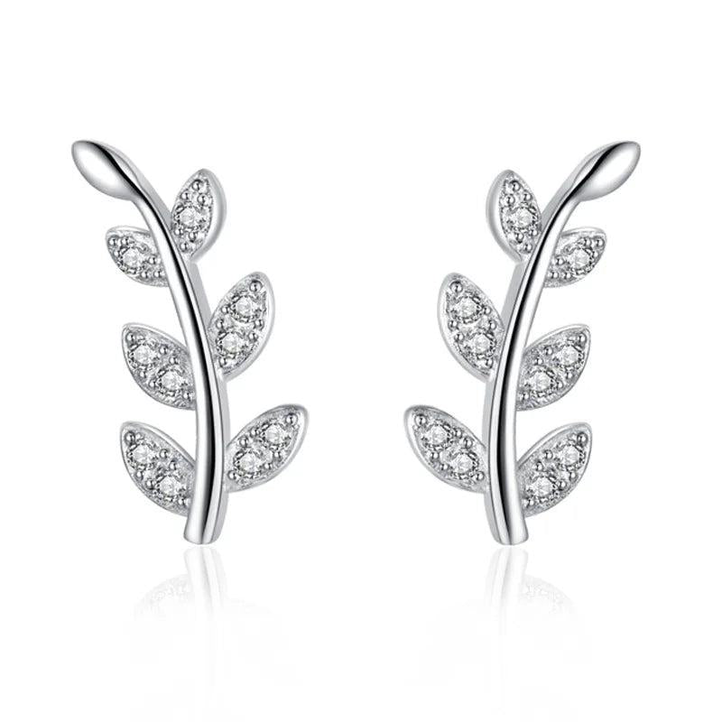 Davis 925 Sterling Silver CZ Leaf Stud Earrings for Women