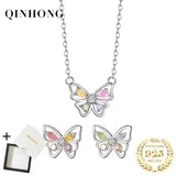 QINHONG Zircon Butterfly Pendant Necklace Set Sterling Silver 925 Party Gift