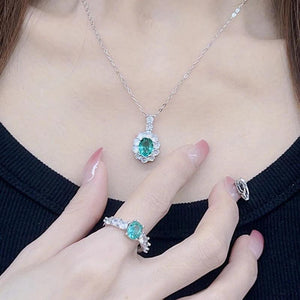 925 Silver Emerald Engagement Set Rings and Necklace for Women Wedding Gift