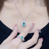 925 Silver Emerald Engagement Set Rings and Necklace for Women Wedding Gift
