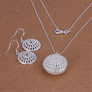 925 Silver Round Necklace Earrings Set Retro Style Wedding Party