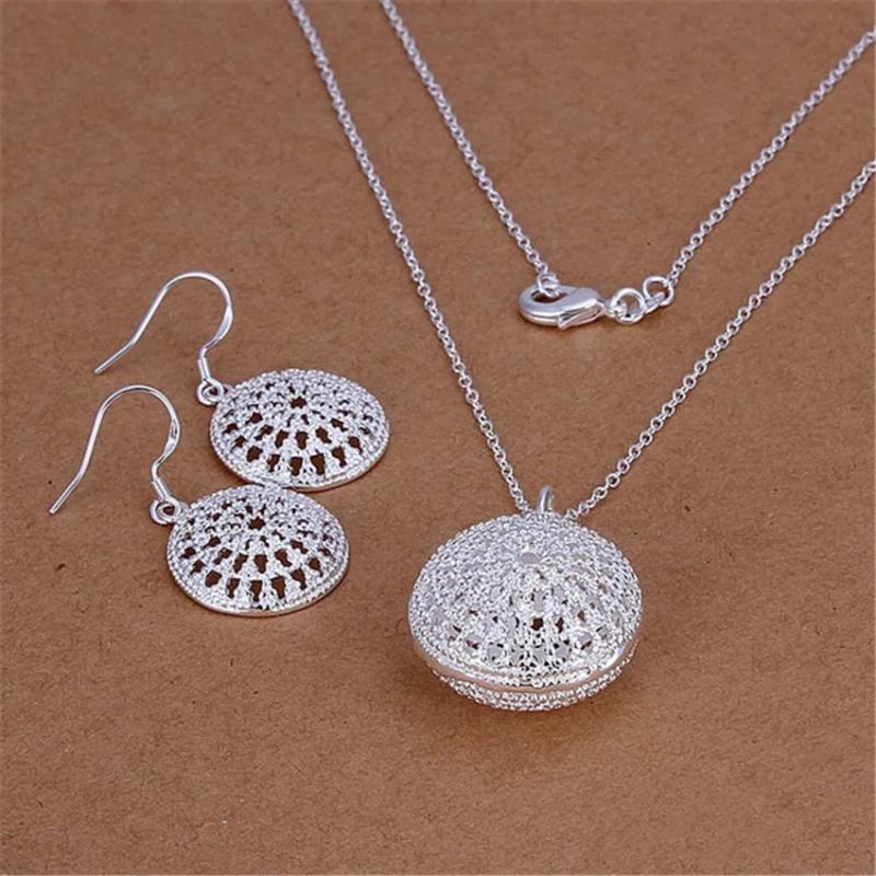 925 Silver Round Necklace Earrings Set Retro Style Wedding Party