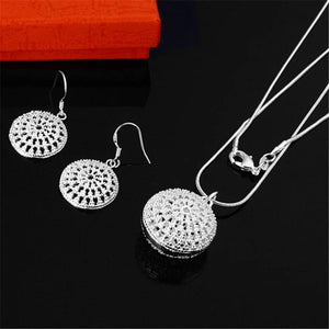 925 Silver Round Necklace Earrings Set Retro Style Wedding Party