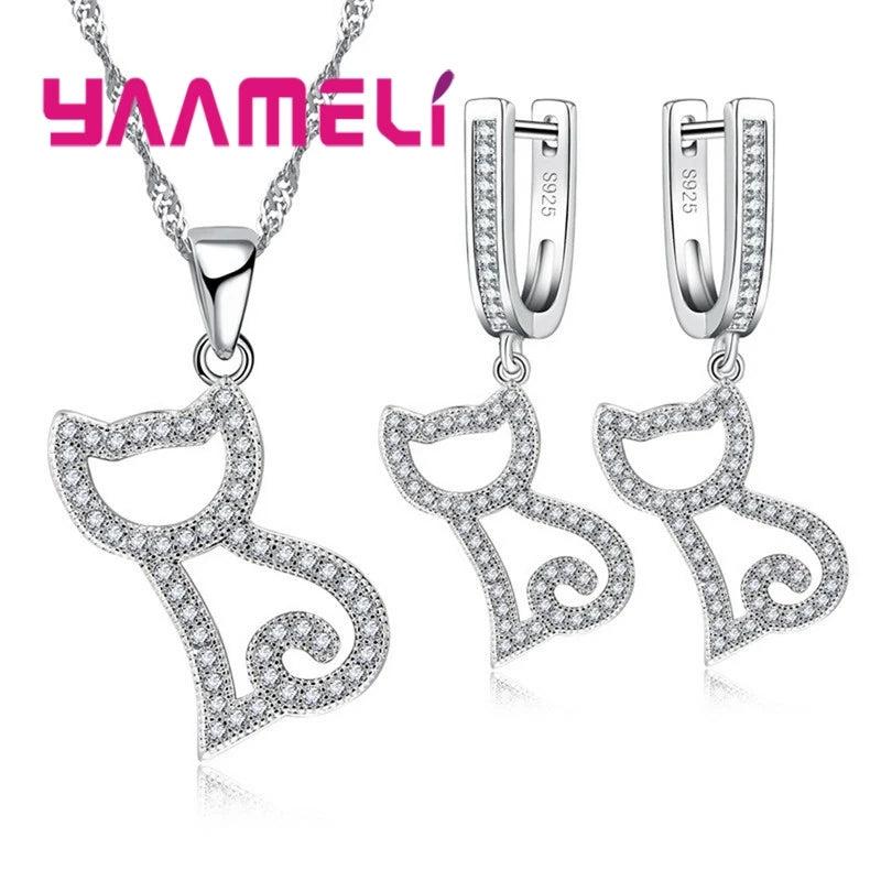 925 Silver Pussy Cat Shape Jewelry Set Necklace Earrings Gift