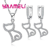 925 Silver Pussy Cat Shape Jewelry Set Necklace Earrings Gift