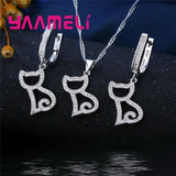 925 Silver Pussy Cat Shape Jewelry Set Necklace Earrings Gift