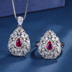 Vintage Lab Ruby Jewelry Set 925 Silver Zirconia Ring Pendant Necklace