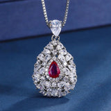 Vintage Lab Ruby Jewelry Set 925 Silver Zirconia Ring Pendant Necklace