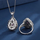 Vintage Lab Ruby Jewelry Set 925 Silver Zirconia Ring Pendant Necklace