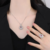 Vintage Lab Ruby Jewelry Set 925 Silver Zirconia Ring Pendant Necklace