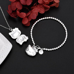 925 Sterling Silver Cat Necklace Bracelet Set for Women