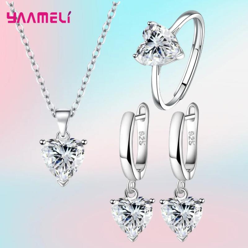 925 Silver Jewelry Set for Women Heart Zircon Earrings Necklace Ring