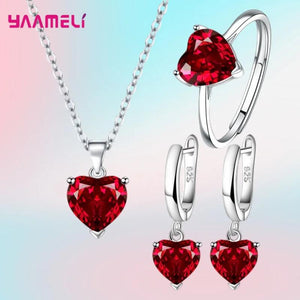 925 Silver Jewelry Set for Women Heart Zircon Earrings Necklace Ring