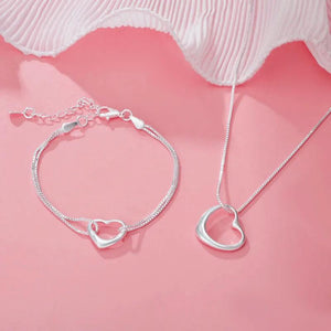 925 Silver Heart Bracelet Necklace Set Women Wedding Party Jewelry