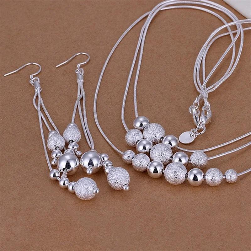 925 Silver Wedding Party Jewelry Retro Charm Beads Necklace Earrings Set