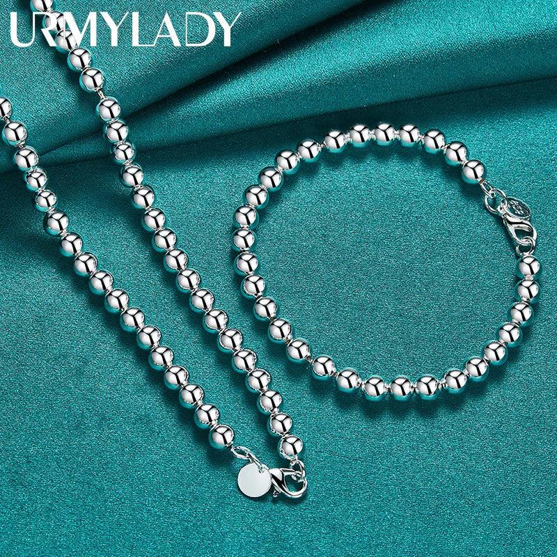 925 Silver Beaded Bracelet Necklace Set Wedding Party