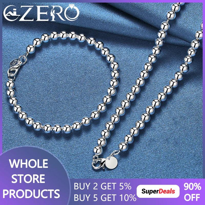 925 Silver Smooth 6mm Beads Chain Bracelet Necklace Set