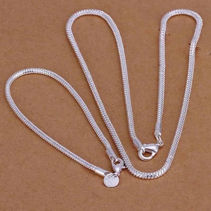 925 Sterling Silver 3MM Snake Bone Chain Necklace Bracelets Set