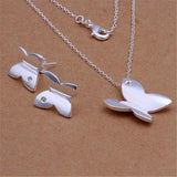 Silver Crystal Butterfly Pendant Necklace Earring Set