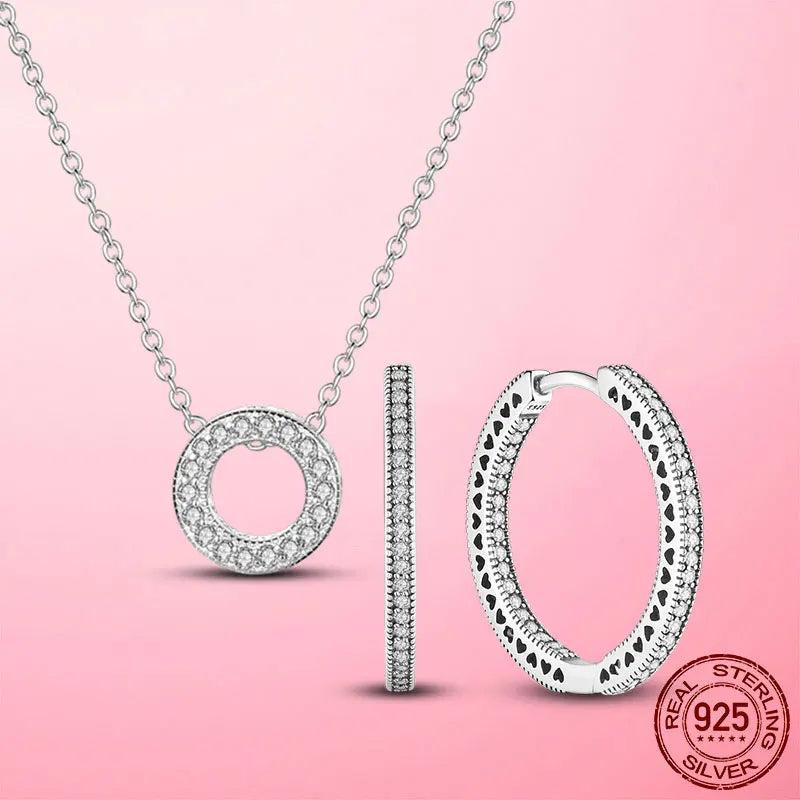 Circle Necklace & Earrings Set CZ Zircon Wedding Jewelry Gift