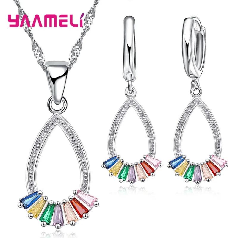 925 Silver Water Drop Pendant Necklace Earrings Set