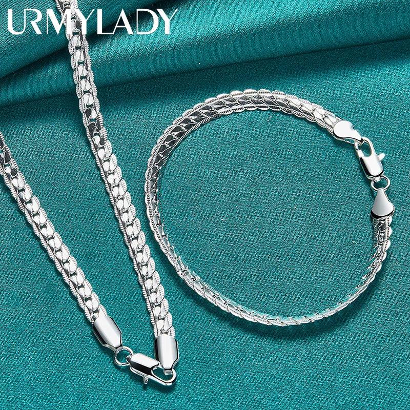925 Silver Side Chain Bracelet Necklace Set Wedding Charm Gift