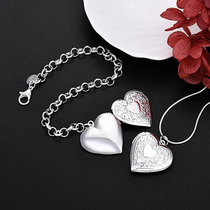 925 Silver Heart Photo Frame Necklace & Bracelet Set for Women