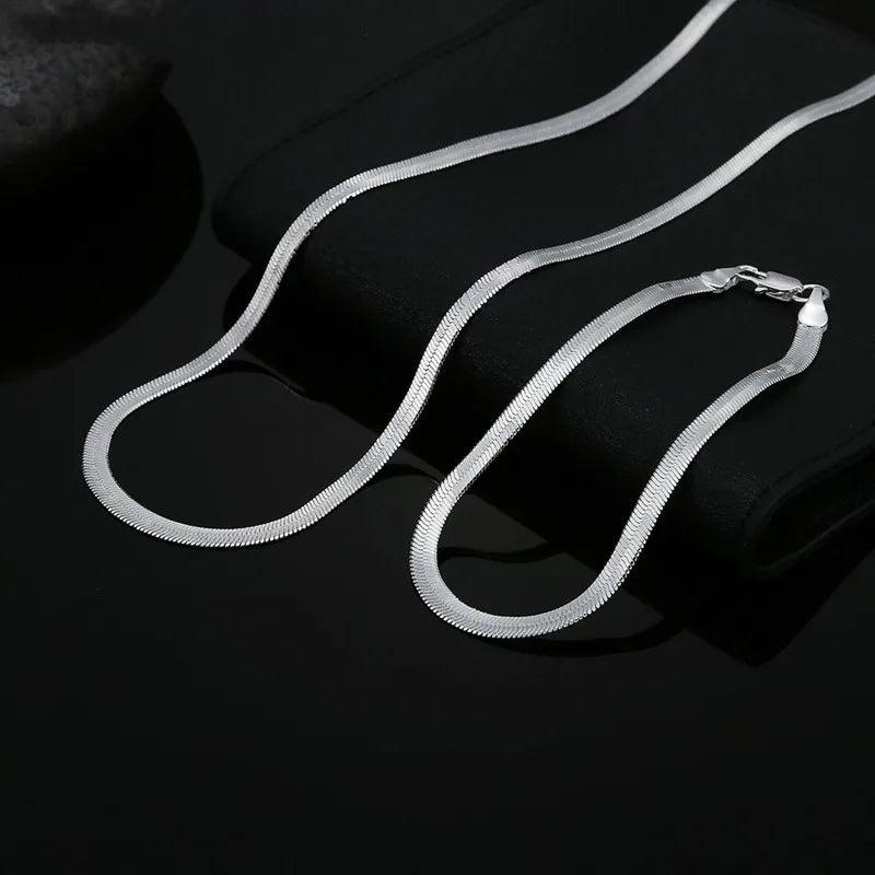 925 Sterling Silver 4MM Flat Chain Bracelets Necklace Set