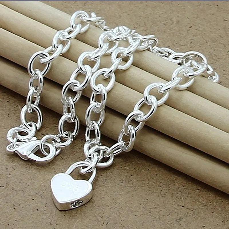 925 Silver Heart Lock Pendant Necklace Women Birthday